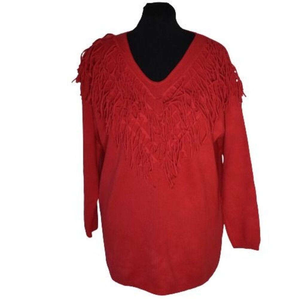 Vintage 90s  Cache Oversized Sweater Red Fringe V Neck Cotton Made in USA Boho